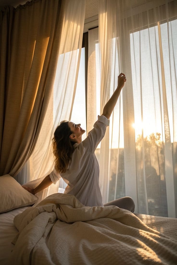 Soft sunrise light falling across a calm room set up for a gentle morning stretch routine