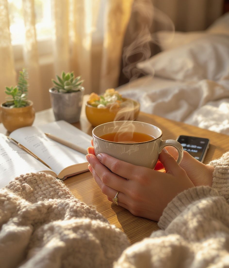 A bright window seat with a folded mat and a cup of tea, arranged for a calm start to the morning